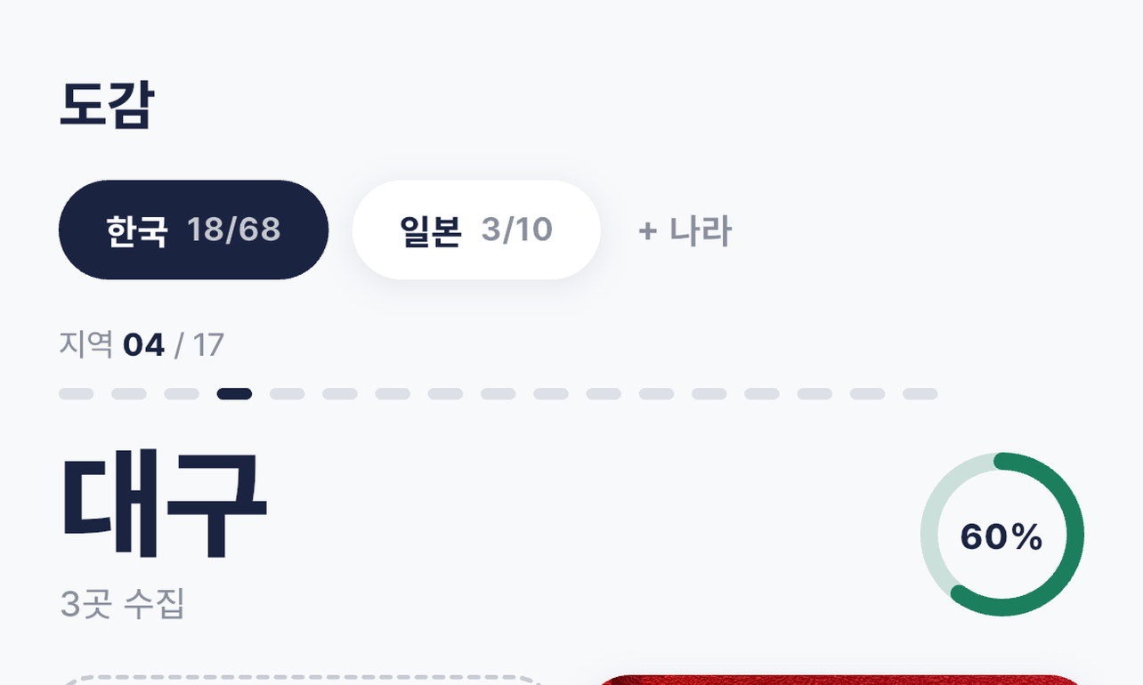 나라별로 나뉜 도감 화면 — 한국 18/68, 일본 3/10